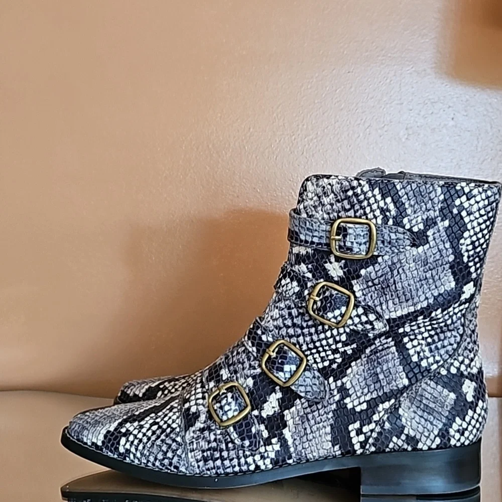 J. Crew Snake Print Leather Ankle Zipper Boots. - Picture 4 of 12
